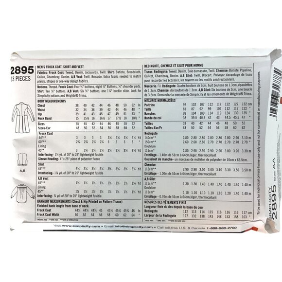 Simplicity 2895 Mens Frock Coat Shirt Vest Sewing Pattern Size 38-44 Theater - Picture 2 of 6